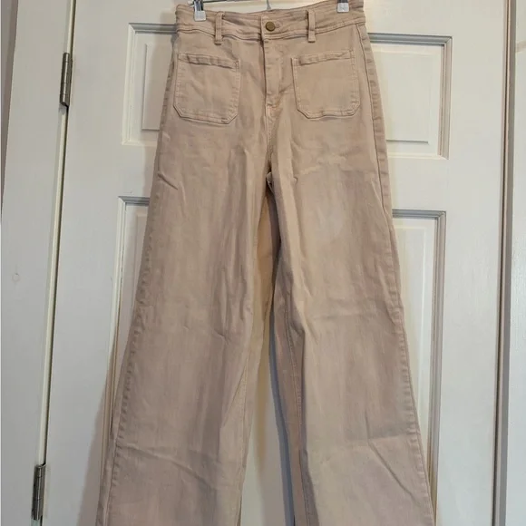 OAT Tan Beige High Waisted Wide-Leg Pants with Cute Front Pockets - Picture 1 of 4